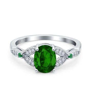 Oval Green Emerald Art Deco Wedding Ring Simulated Green Emerald CZ 925 Sterling Silver